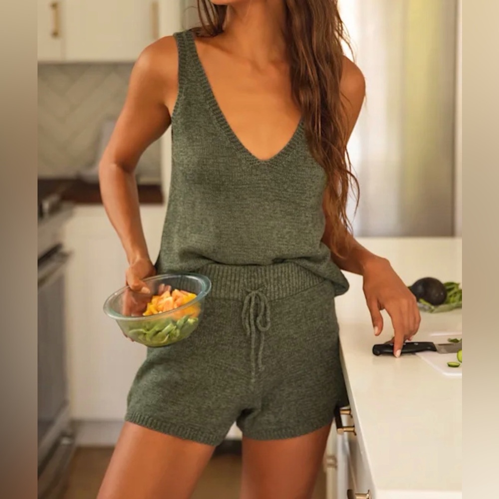 Lady Olive Green Knit Tank Top & Drawstring Knit Shorts